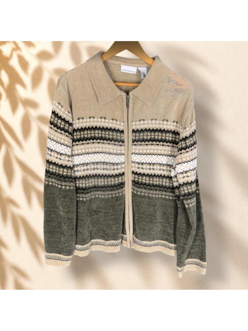 Croft & Barrow Full Zip Sweater Women XL Beige Striped Knit Collared Soft Cozy